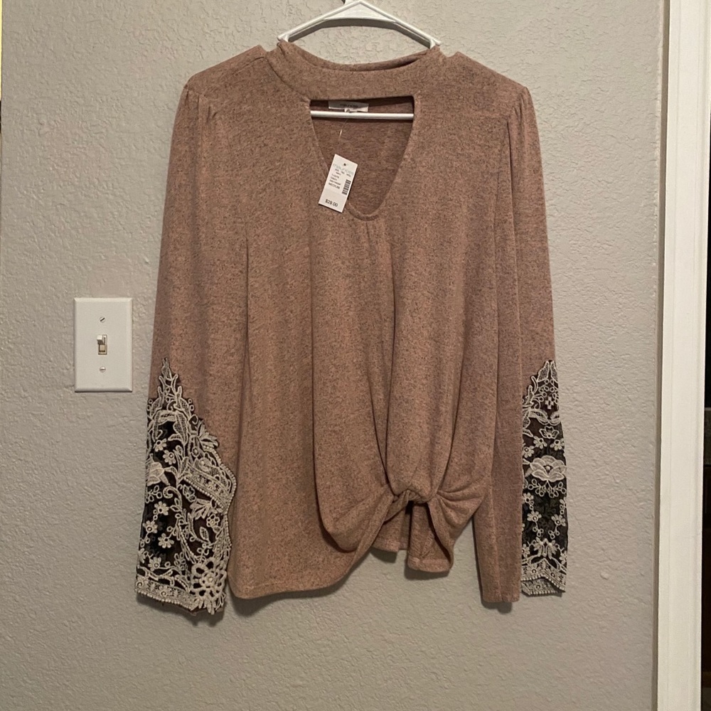 Keyhole Knotted Pink Sweater with Lace Detail